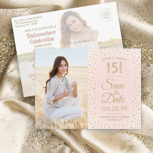 Quinceañera Save the Date 2 Photo Blush Pink Gold Invitation Postcard