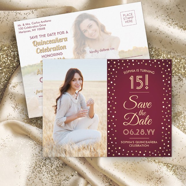 Quinceañera Save the Date 2 Photo Burgundy & Gold Invitation Postcard (Creator Uploaded)