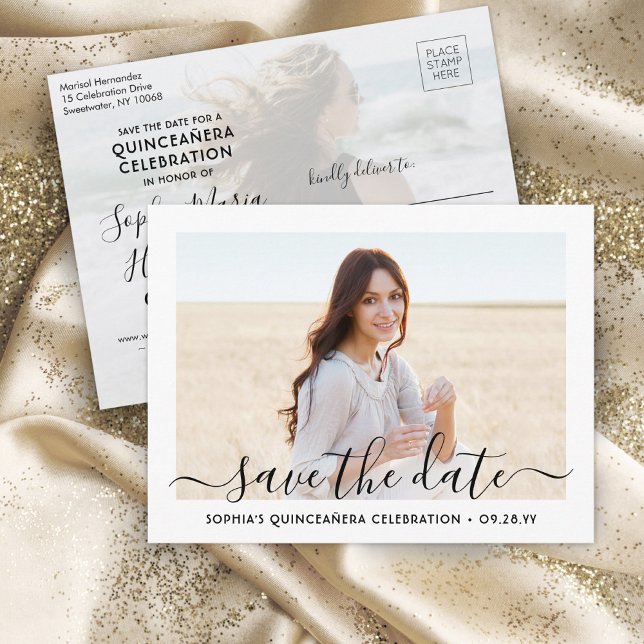 Quinceañera Save the Date 2 Photo Elegant Script Announcement Postcard (Creator Uploaded)