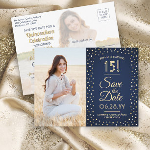 Quinceañera Save the Date 2 Photo Navy Blue & Gold Invitation Postcard