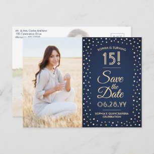 Quinceañera Save the Date 2 Photo Navy Blue & Gold Invitation Postcard
