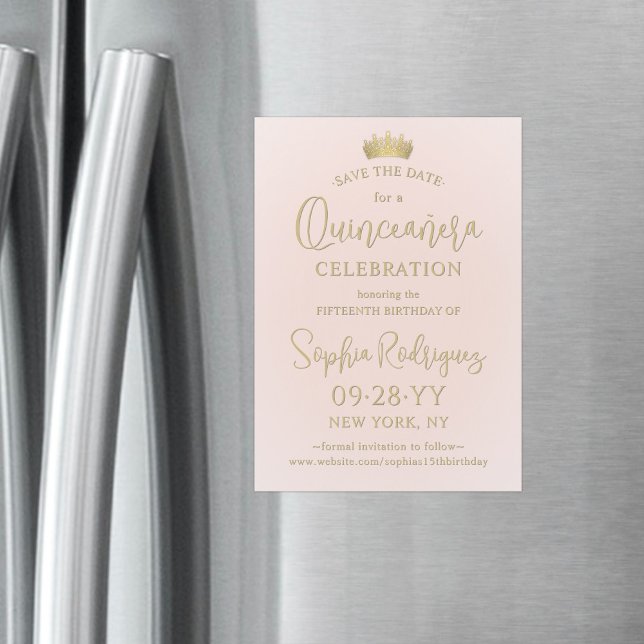 Quinceañera Save the Date Blush Pink & Gold Crown Magnetic Invitation (Creator Uploaded)