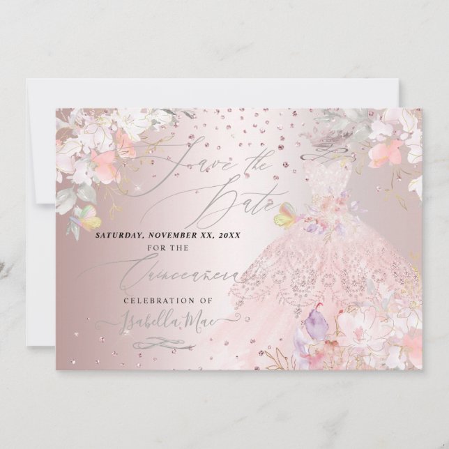 Quinceanera Save the Date Blush Rose Sweet Peas Invitation (Front)