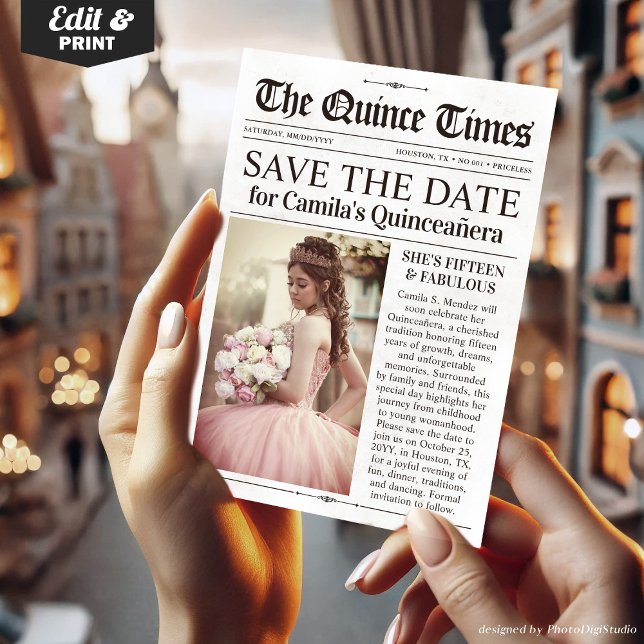 Quinceañera Save the Date, Miss Quince Newspaper Invitation (Quinceañera Save the Date, Miss Quince Newspaper Invitation)