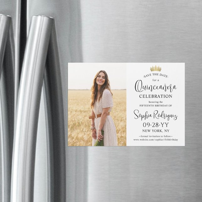 Quinceañera Save the Date Modern Photo Gold Crown Magnetic Invitation (Creator Uploaded)