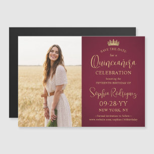 Quinceañera Save the Date Photo Burgundy and Gold Magnetic Invitation