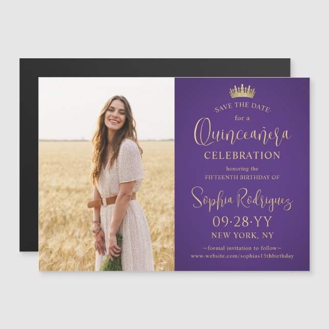 Quinceañera Save the Date Photo Purple and Gold Magnetic Invitation (Front/Back)