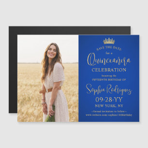 Quinceañera Save the Date Photo Royal Blue & Gold Magnetic Invitation