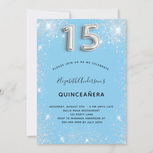 Quinceanera silver baby blue glitter dust invitation (Front)
