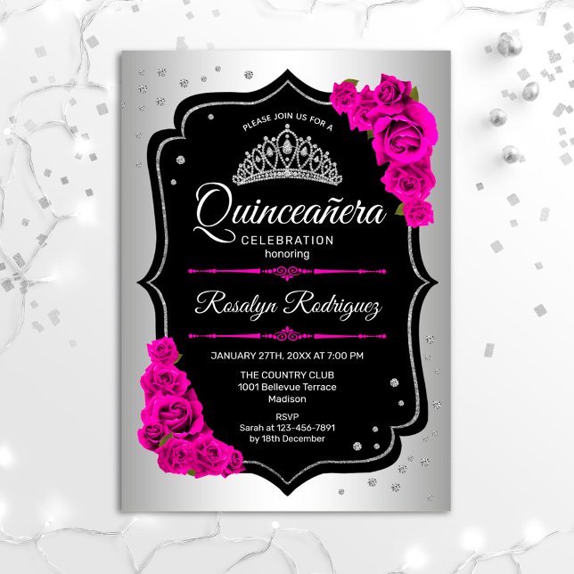 Quinceanera - Silver Black Pink Invitation (Creator Uploaded)