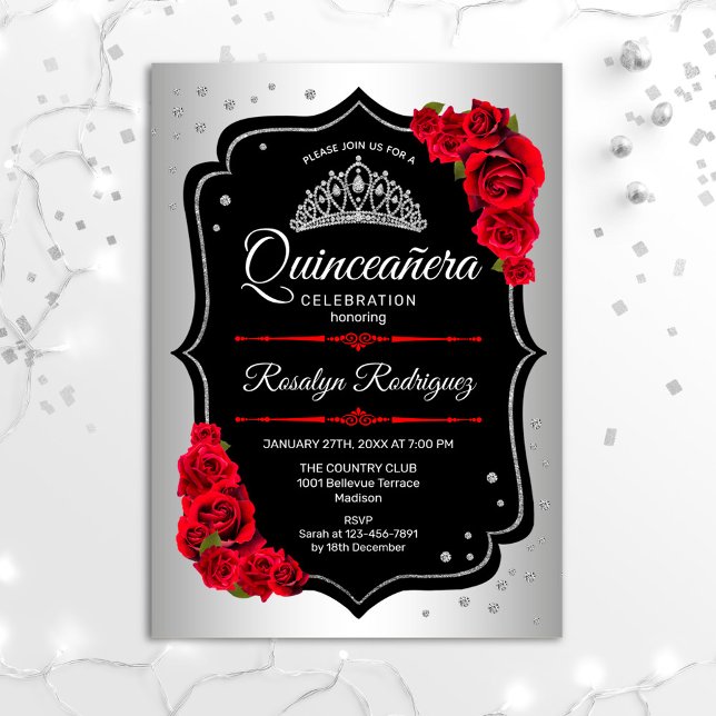Quinceanera - Silver Black Red Invitation (Creator Uploaded)