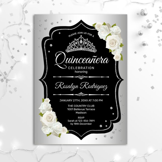 Quinceanera - Silver Black White Invitation (Creator Uploaded)