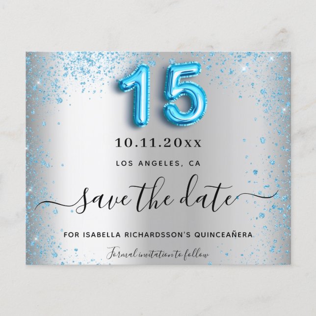 Quinceanera silver blue budget save the date flyer (Front)