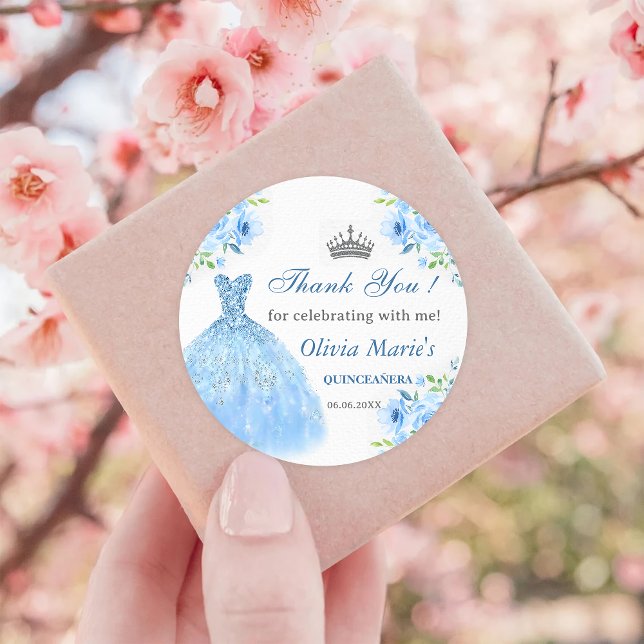 Quinceanera Silver Blue Floral Gown  Classic Round Sticker (Creator Uploaded)