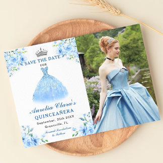 Quinceanera Silver Blue Floral Gown Photo Save The Date