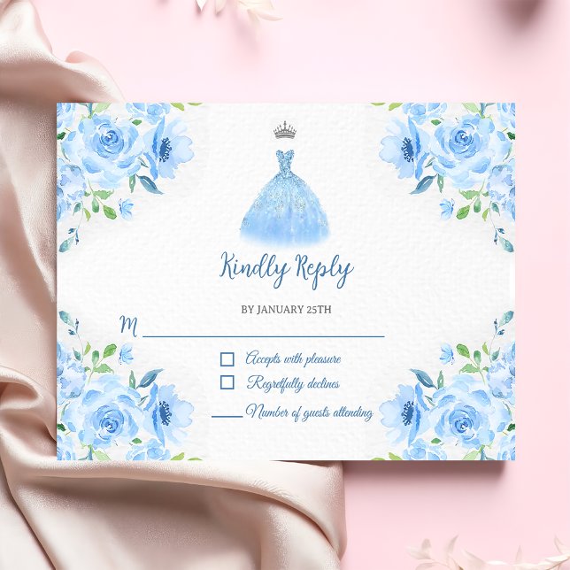 Quinceanera Silver Blue Floral Gown  RSVP Card (Creator Uploaded)