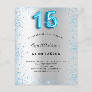 Quinceanera silver blue glitter budget invitation flyer