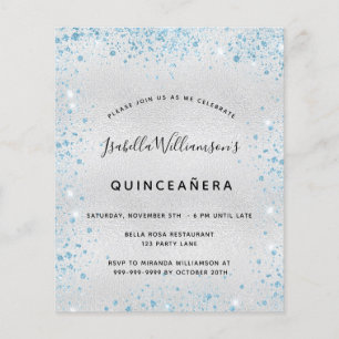 Quinceanera silver blue glitter budget invitation flyer