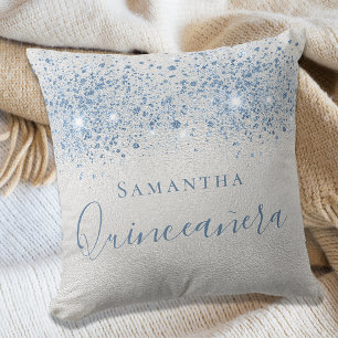 Quinceanera silver blue glitter drops monogram cushion