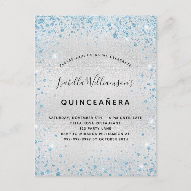 Quinceanera silver blue glitter dust sparkle invitation postcard (Front)