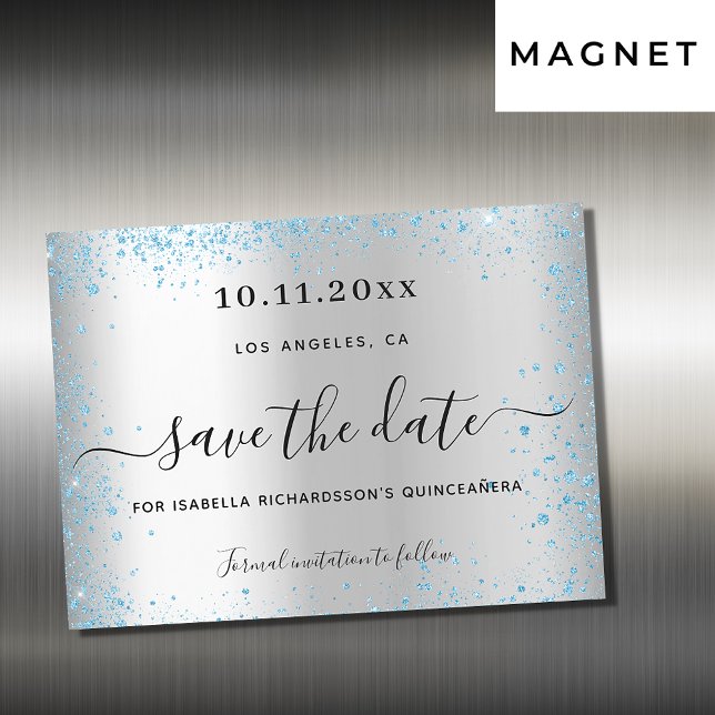Quinceanera silver blue save the date magnet card (Creator Uploaded)