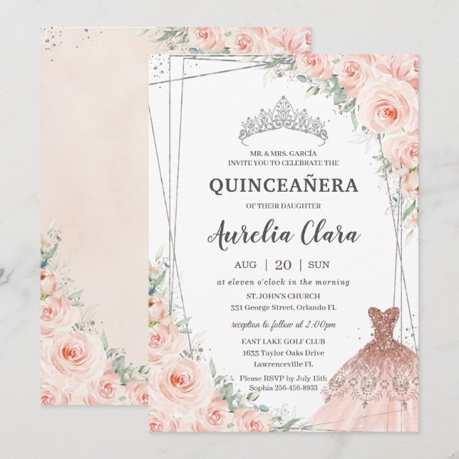 Quinceañera Silver Blush Floral Princess Dress Invitation (Front/Back)