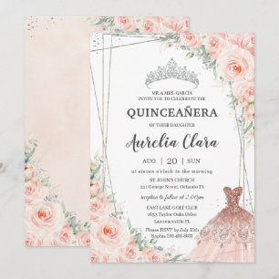 Quinceañera Silver Blush Floral Princess Dress Invitation