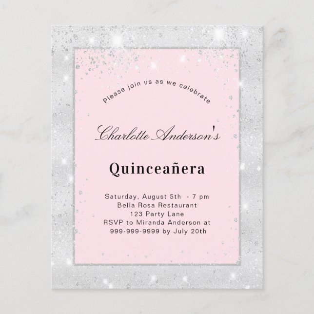 Quinceanera silver blush pink glitter dust budget flyer (Front)