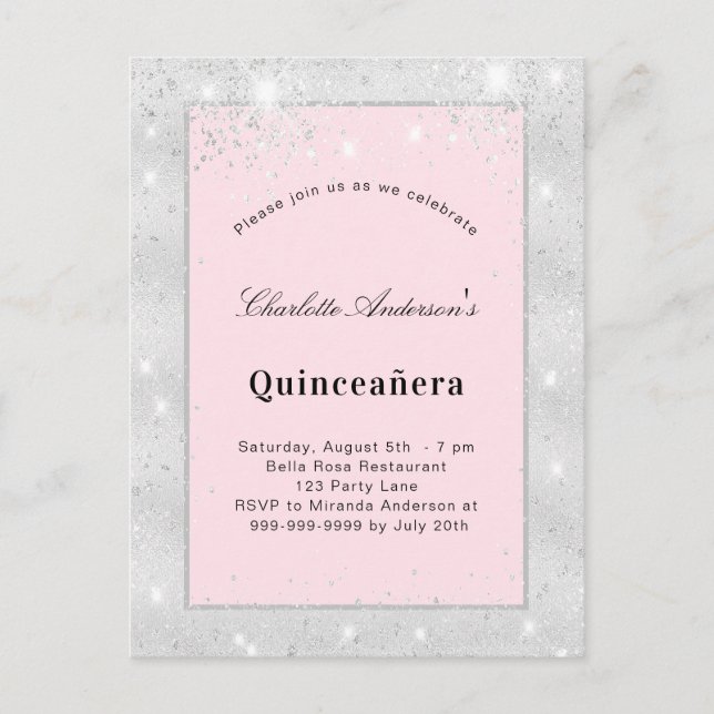 Quinceanera silver blush pink glitter dust invitation postcard (Front)
