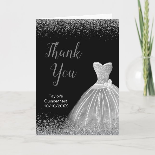 Quinceanera Silver Dress Faux Glitter Thank You Card (Front)