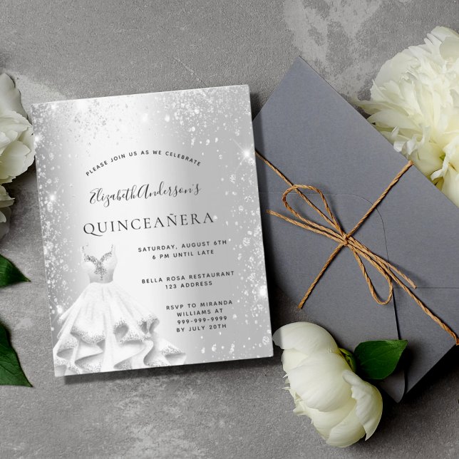 Quinceanera silver dress glitter budget invitation flyer (Creator Uploaded)