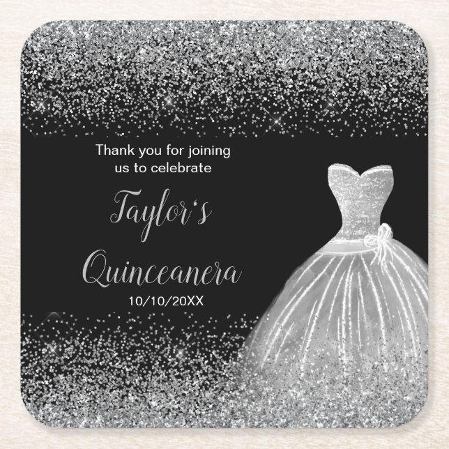 Quinceanera Silver Faux Glitter Square Paper Coaster (Front)