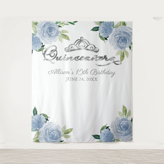 Quinceanera Silver Foil Tiara Blue Floral Backdrop Tapestry (Front)