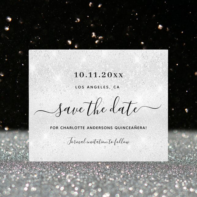 Quinceanera silver glitter budget save the date flyer (Creator Uploaded)