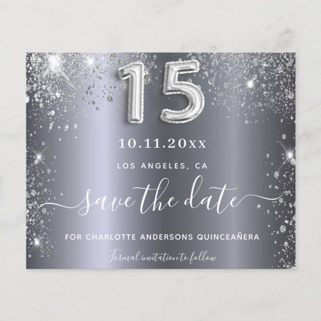 Quinceanera silver glitter budget save the date flyer (Front)