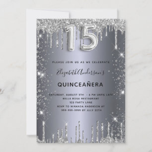 Quinceanera silver glitter drips invitation