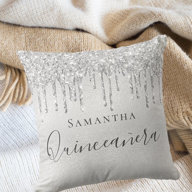 Quinceanera silver glitter drips monogram name cushion (Creator Uploaded)