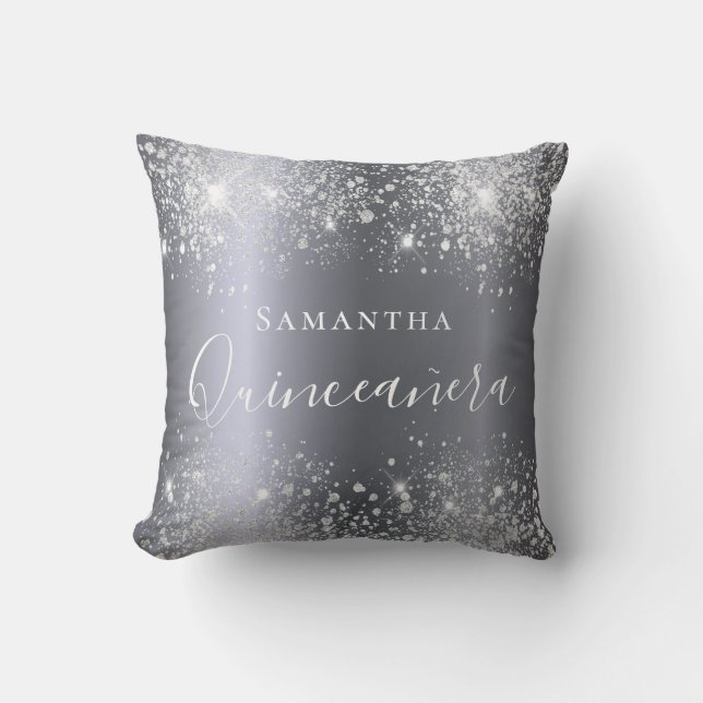 Quinceanera silver glitter dust monogram cushion (Front)