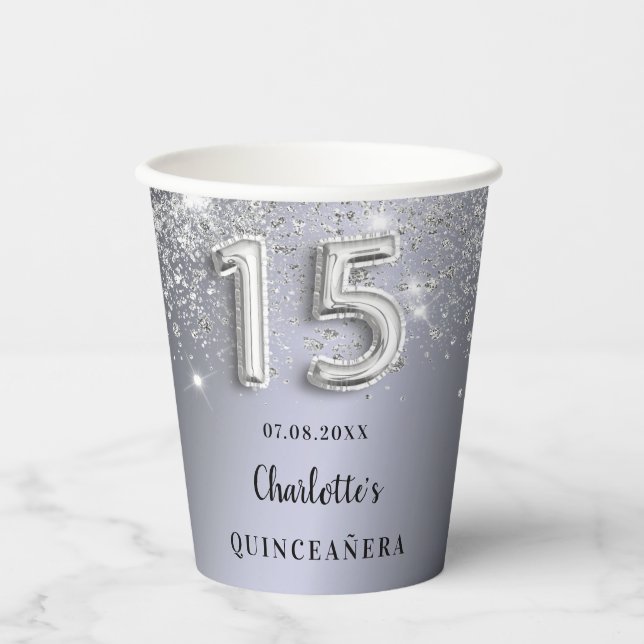 Quinceanera silver glitter dust monogram paper cups (Front)