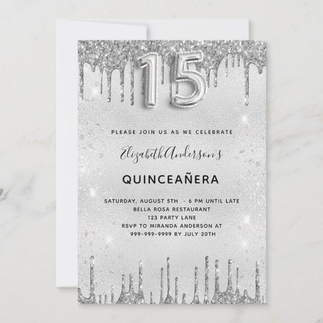 Quinceanera silver glitter elegant invitation (Front)