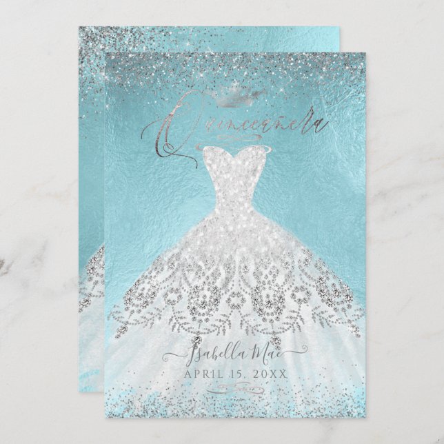 Quinceanera Silver Glitter Gown, DIY Blue Invitation (Front/Back)
