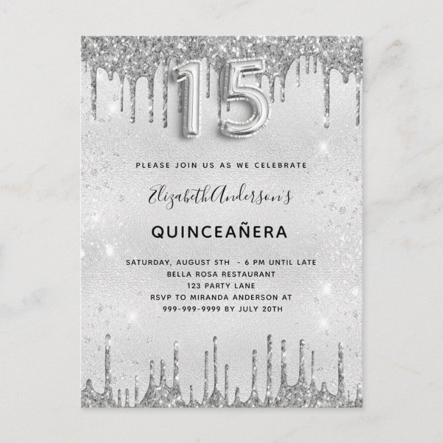 Quinceanera silver glitter invitation (Front)