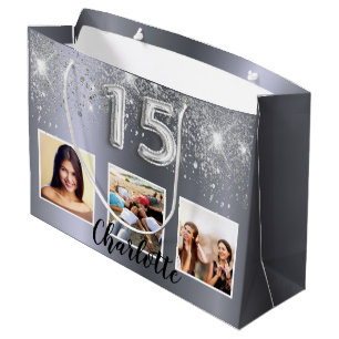 Quinceanera silver glitter photo name large gift bag