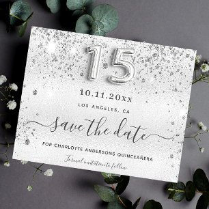 Quinceanera silver glitter save the date card