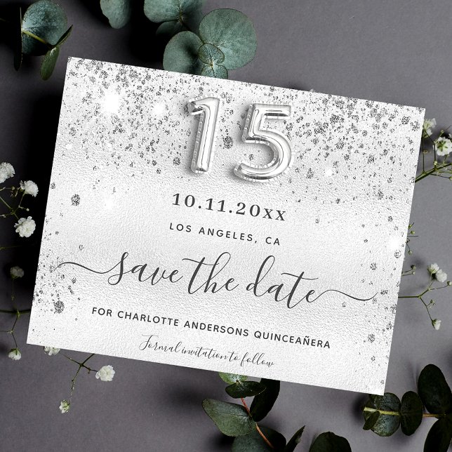 Quinceanera silver glitter save the date card (Creator Uploaded)