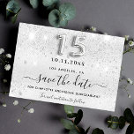 Quinceanera silver glitter sparkles glamourous announcement postcard<br><div class="desc">A trendy Save the Date for a Quinceañera,  15th birthday party. A faux silver looking background decorated with faux glitter,  sparkles.  Personalise and add a date and name/age.  The text: Save the Date is written with a large trendy hand lettered style script.  Number 15 with a balloon style font.</div>