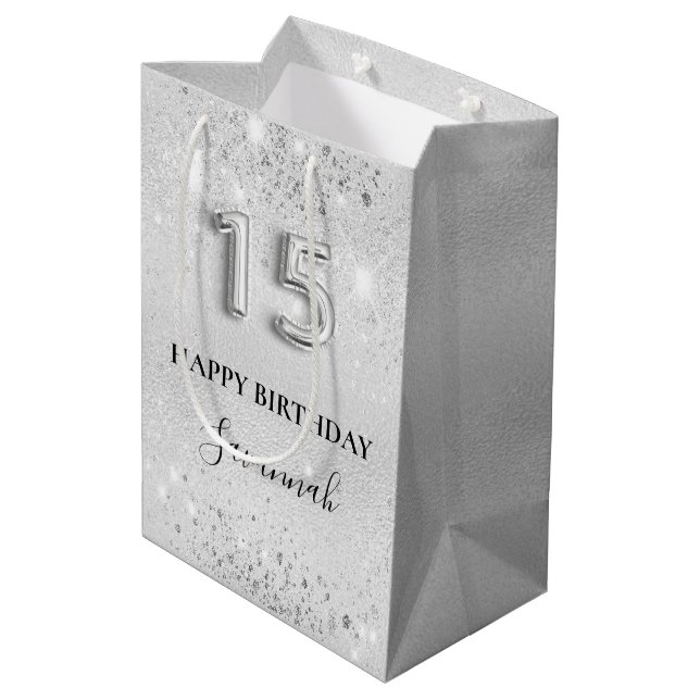 Quinceanera silver glitter sparkles glamourous medium gift bag (Back Angled)