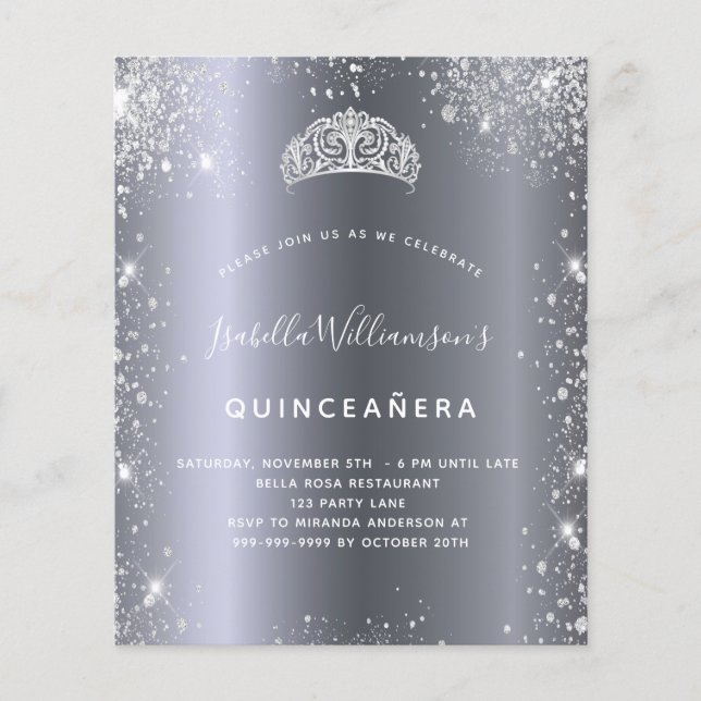 Quinceanera silver glitter tiara invitation (Front)