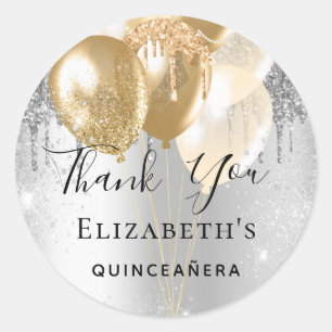 Quinceanera silver gold glitter balloons thank you classic round sticker