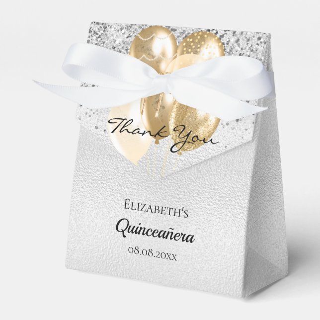 Quinceanera silver gold glitter balloons thank you favour box (Front Side)